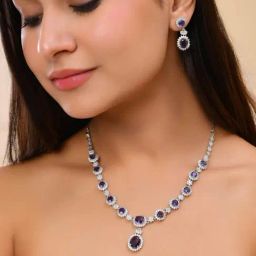 VOJ Silver Plated Blue AD Stone Studded Jewellery Necklace With Earrings Set-image-34