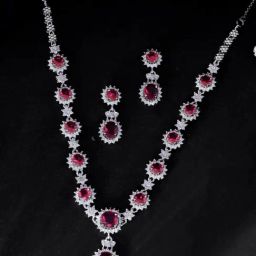 VOJ Silver Plated Red AD Stone Studded Designer Jewellery Necklace With Earrings Set-image-31