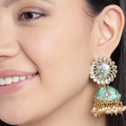Zaveri Pearls Enamelling Grey & Green Kundan & Pearls Ethnic Jhumki Earrings - ZPFK9613-29