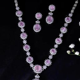 VOJ Baby Pink AD Stone Studded Silver Plated Jewellery Necklace With Earrings Set-2