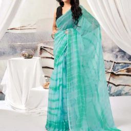 Satrani Sky Blue & Turquoise Leheriya Saree With Unstitched Blouse-image-26