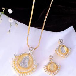 VOJ Dual Toned AD-Studded Designer Pendant With Chain And Earrings Set-47