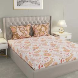 Raymond Home White & Yellow Cotton 144 TC King Bedsheet with 2 Pillow Covers-image-46
