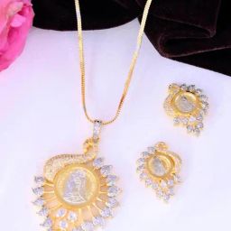 VOJ DUAL Toned AD-Studded Peacock Shaped Chain With Earrings Set-picture-17