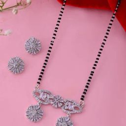 VOJ Silver Plated AD Stone Studded Designer Mangalsutra With Earrings Set-image-23