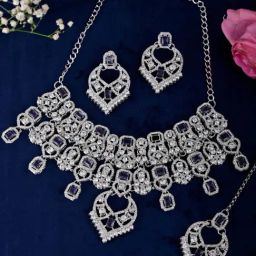VOJ Silver-Plated American Diamond-Studded Jewellery Necklace With Earring And Maang Tikka Set-4