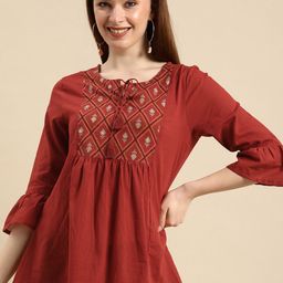 all about you Rust Red Floral Yoke Design Pure Cotton A-Line Kurti-2