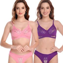 AROUSY Purple & Pink Cotton Self Pattern Bra Panty Set - Pack Of 2-image-91
