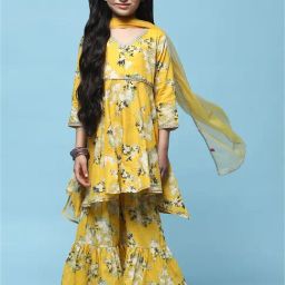 BIBA Girls Yellow Floral Print Kurta, Gharara with Dupatta-image-41
