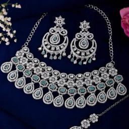 VOJ Silver-Plated American Diamond Studded Jewellery Necklace With Earring And Maang Tikka Set-image-33