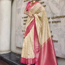 Satrani Cream & Pink Silk Woven Saree With Unstitched Blouse-image-80