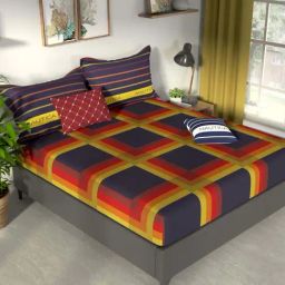 NAUTICA Pacific Coast Purple & Yellow Cotton 160 TC King Fitted Bedsheet with 2 Pillow Cover-image-38