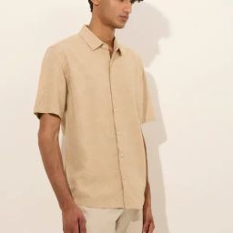 Ascot by Westside Beige Printed Relaxed-Fit Blended Linen Shirt-image-93