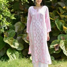 House of Chikankari Pink Modal Chikankari Long Sleeves Kurta-image-2