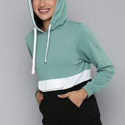 HERE&NOW Women Green & Black Colourblocked Hooded Sweatshirt-image-79