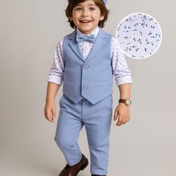 Babyhug Woven Full Sleeves Floral Print Party Suit with Bow & Cap - Ice Blue & White-image-77