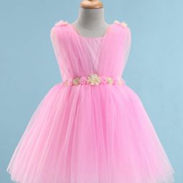 Bluebell Net Sleeveless Party Frock with Floral Applique & Glitter Print - Pink-image-5