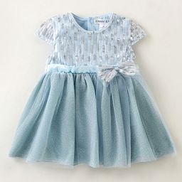 MARK & MIA WovenHalf Sleeves Knee length Party Wear Frock Style Onesie With Sequinned Detailing & Bow Applique - Sky Blue-image-93