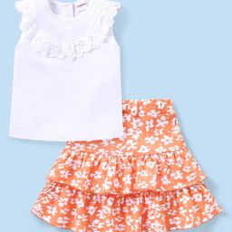 Babyhug Knitted Sleeveless Top & Skirt Set with Schiffli Detailing & Floral Print - White & Orange-image-68