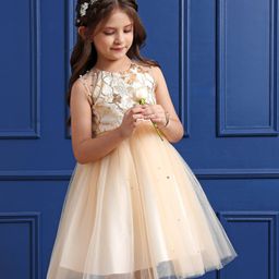 Mark & Mia  Sleeveless Knee Length Party  Frock with Floral Embroidery Pearl & Sequins Detailing - Beige-image-42