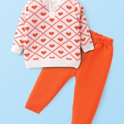 Babyhug Knit Full Sleeves Sweater Set with Heart Design -Orange & Off White-image-69