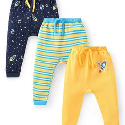Babyhug Cotton Knit Full Length Striped Diaper Pants with Space Theme Print Pack of 3 - Multicolour-image-56