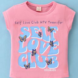 Olio Kids Sinker Knit Half sleeves T-Shirts Text Print- Pink-image-25