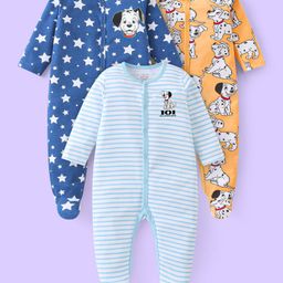 Babyhug Disney Cotton Knit Full Sleeves Sleepsuits With 101 Dalmatians & Lion King Graphics Pack Of 3 - Light Blue Orange & Blue-image-88