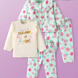 Babyoye Cotton Knit Full Sleeves Night Suits with Star & Foil Print Pack of 2 - Light Blue & White-picture-28