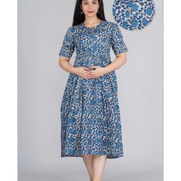 Kaheksa Cotton Half Sleeves Floral Printed Maternity Dress With Concealed Zipper Nursing Access - Blue-image-53