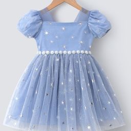 Mark & Mia Half Puffed Sleeves Pearl Embellished Frock with Glitter Detailing - Blue-image-86