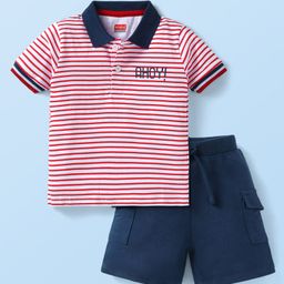 Babyhug Single Jersey Knit Half Sleeves Polo T-Shirt & Shorts Set with Stripes - Navy Blue & Red-image-93