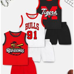 Trampoline Cotton Blend Pack Of 3 Sleeveless Typography Printed Tees With Coordinating Shorts Set - Multi Colour-image-2