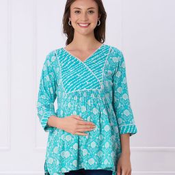 Bella Mama Woven Three Fourth Sleeves Floral Printed Maternity Top With Highlighted Yoke - Teal Blue-image-84