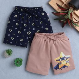 BUMZEE Cotton Knit Above Knee Length Star Printed Shorts Pack of 2 - Brown & Navy Blue-image-101