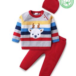 Babyhug Organic Cotton Knit Raglan Sleeves Sweater Set with Cap Reindeer Patch & Stripes - Grey & Red-image-77