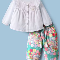 WOW Clothes Cotton Knit Full Sleeves Front Open Top & Printed Leggings Set - White & Green-image-53