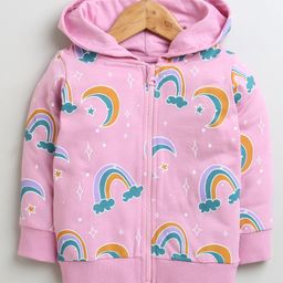 BUMZEE Looper Knit Full Sleeves Rainbow Printed Hooded Sweatjacket - Pink-image-8