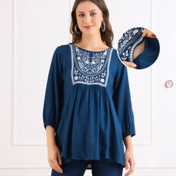 Bella Mama Woven Three Fourth Sleeves Maternity Top With Floral Embroidered Yoke - Navy Blue-picture-15