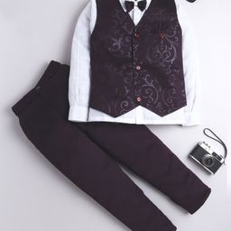 Fourfolds Woven Full Sleeves Veils Printed 3 Piece Party Suit Set With Bow - Wine-image-28