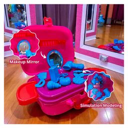 Planet of Toys Beauty Set with Portable Wheel Briefcase Pretend Play Toy for Kids Blue Makeup Salon Kit | Beauty Suitcase with Accessories-75