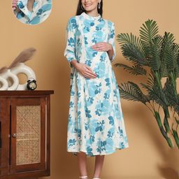 Moms Maternity Cotton Blend Woven Three Fourth Sleeves Floral Printed Lace Detailed Maternity Kurti Dress With Front Open Nursing Access - Teal Blue-image-91