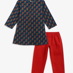 Campana 100% Cotton Woven Full Sleeves Floral Printed Kurta Pyjama Set - Navy Blue & Maroon-image-82