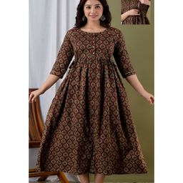 NEVISHA STYLE Cotton Woven Three Fourth Sleeves Ethnic Motif Printed Maternity Kurta With Nursing Access - Brown-picture-9
