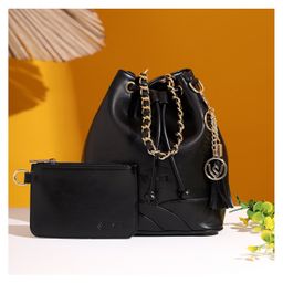 VISMIINTREND Bucket Handbag with Wallet for Women - Detachable Strap Solid Vegan Leather Sling Bag Wedding, Evening, Party Handbag Ethnic Drawstring Closure Potli Bag - Black-image-117