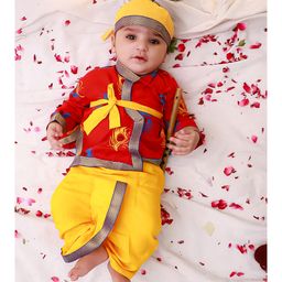 KID1 Cotton Woven Janmasthami Theme Full Sleeves Peacock Feathers Printed Dhoti Kurta With Mor Pankh Bansuri & Headband Set - Red-picture-16