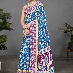 Suha Blue Pure Cotton Printed Block Print Sarees-picture-5