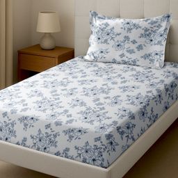 Florida Blue & White Floral 160 TC Single Bedsheet with 1 Pillow Covers-picture-16