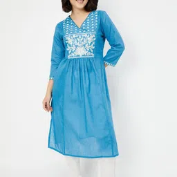 max Floral Yoke Design Pleated V-Neck Thread Work Cotton A-Line Kurta-picture-18