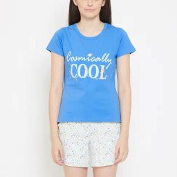 Clovia Blue & White Printed Top & Shorts Set-image-3